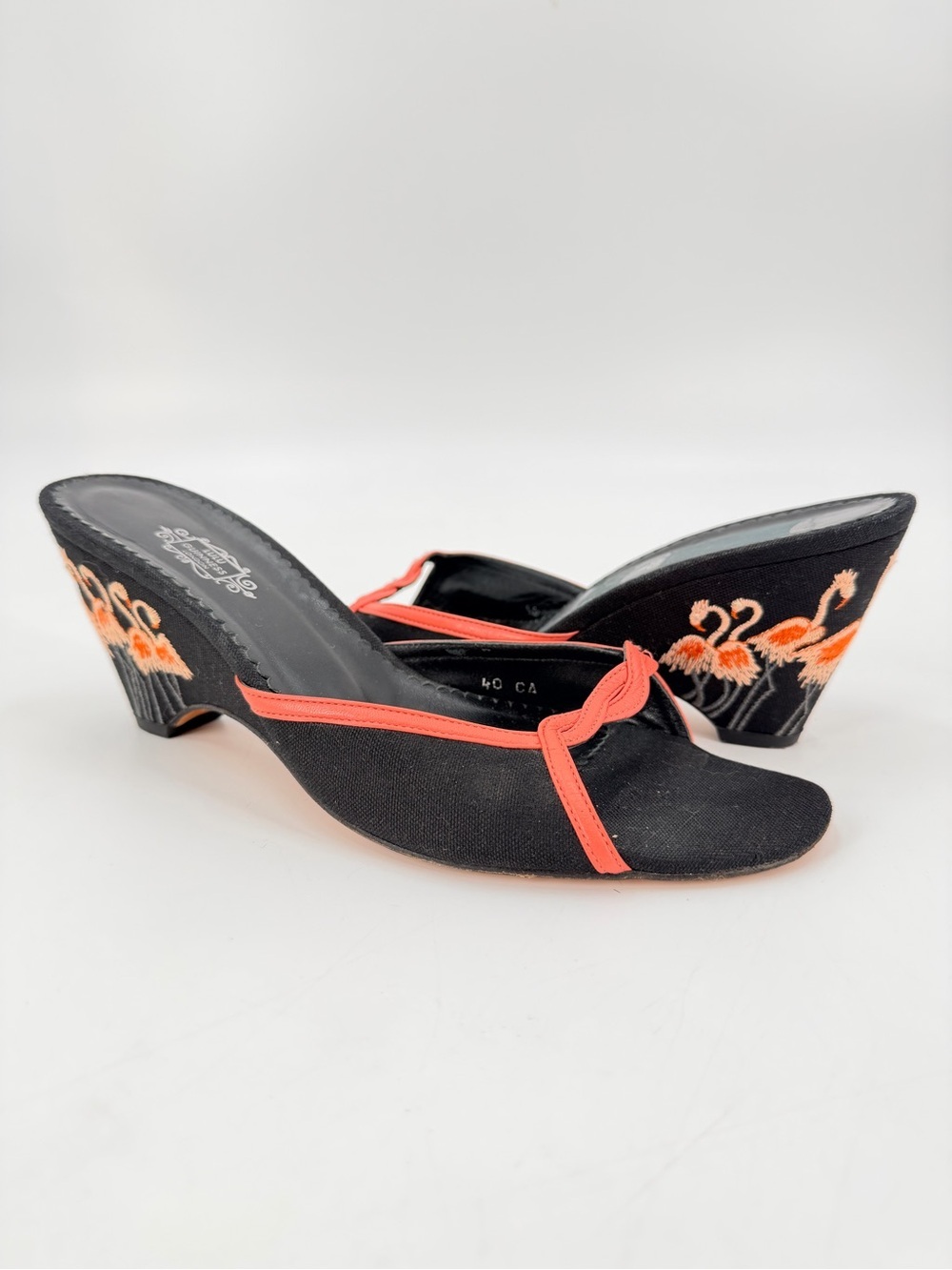 Lulu Guinness London Flamingo Wedge Kitten Heels Sandals Y2K 40